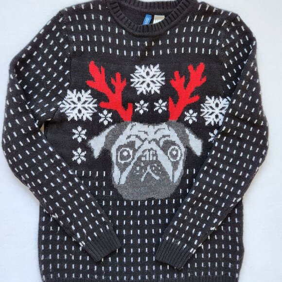 Divided Other - Pug Reindeer Dog Christmas Sweater Cute Ugly Holiday Party Black Unisex Small